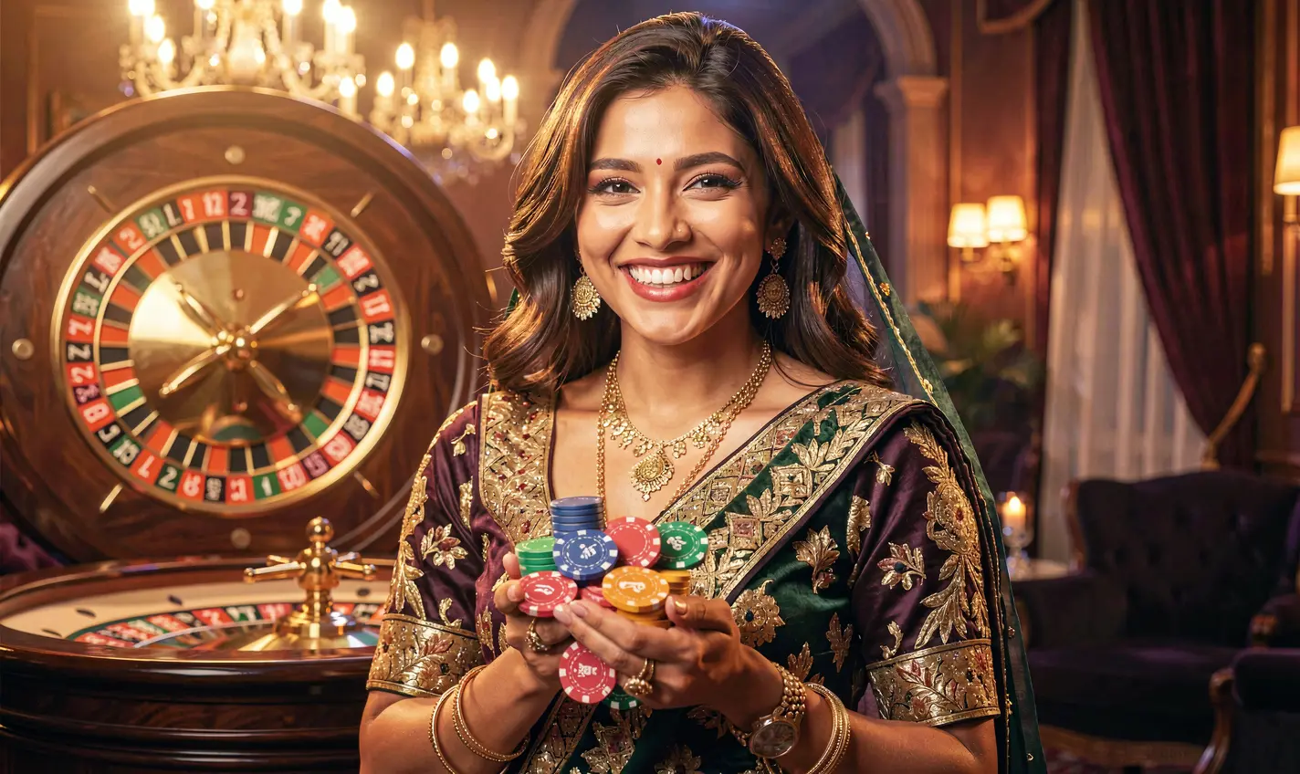 Happy casino player holding colorful chips with a glowing roulette wheel in the background showcasing the vibrant bonus experience at 96OK for Bangladesh