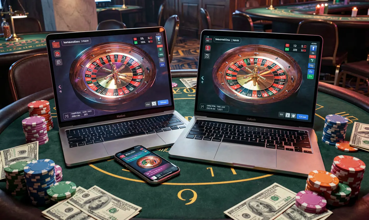 Modern online casino setup with a laptop and smartphone displaying roulette on a vibrant gaming table surrounded by chips representing the immersive 96OK casino experience in Bangladesh