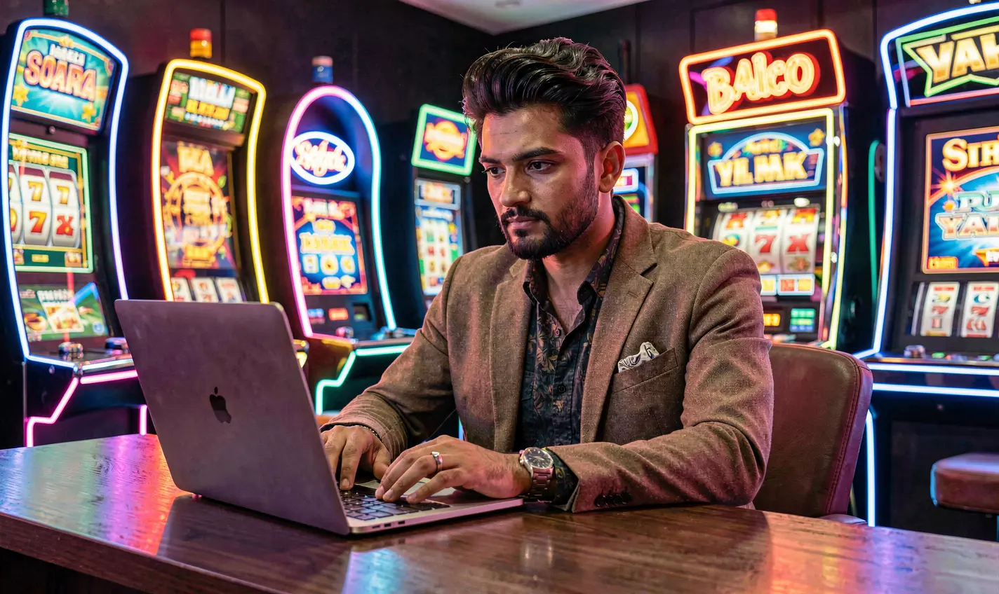 Focused Bangladeshi player using a laptop in a neon casino setting with digital slot machines and vibrant lights showcasing the 96OK games experience