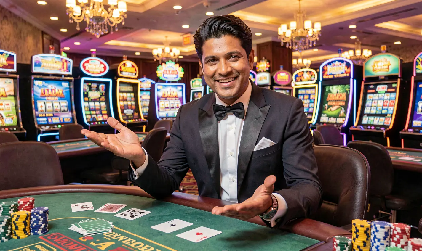 Friendly Bangladeshi casino host welcoming players to the 96OK live casino login experience with cards and chips in the background