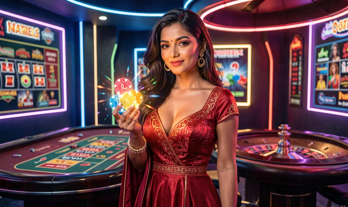 Confident casino player holding poker chips near a roulette table with vibrant lights showcasing the thrilling live casino environment at 96OK for Bangladesh