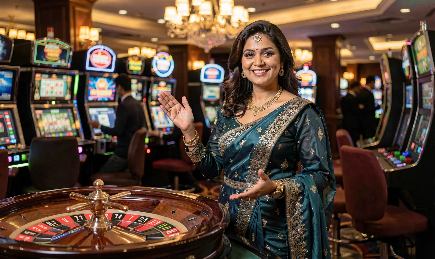 Elegant live casino hostess in a red dress beside a roulette table welcoming players to the immersive 96OK live casino experience in Bangladesh